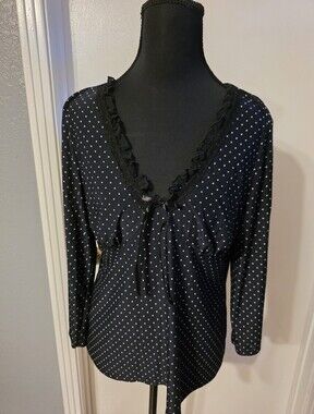 Studio Donatella Black White Polka Dot Ruffle V-Neck Top